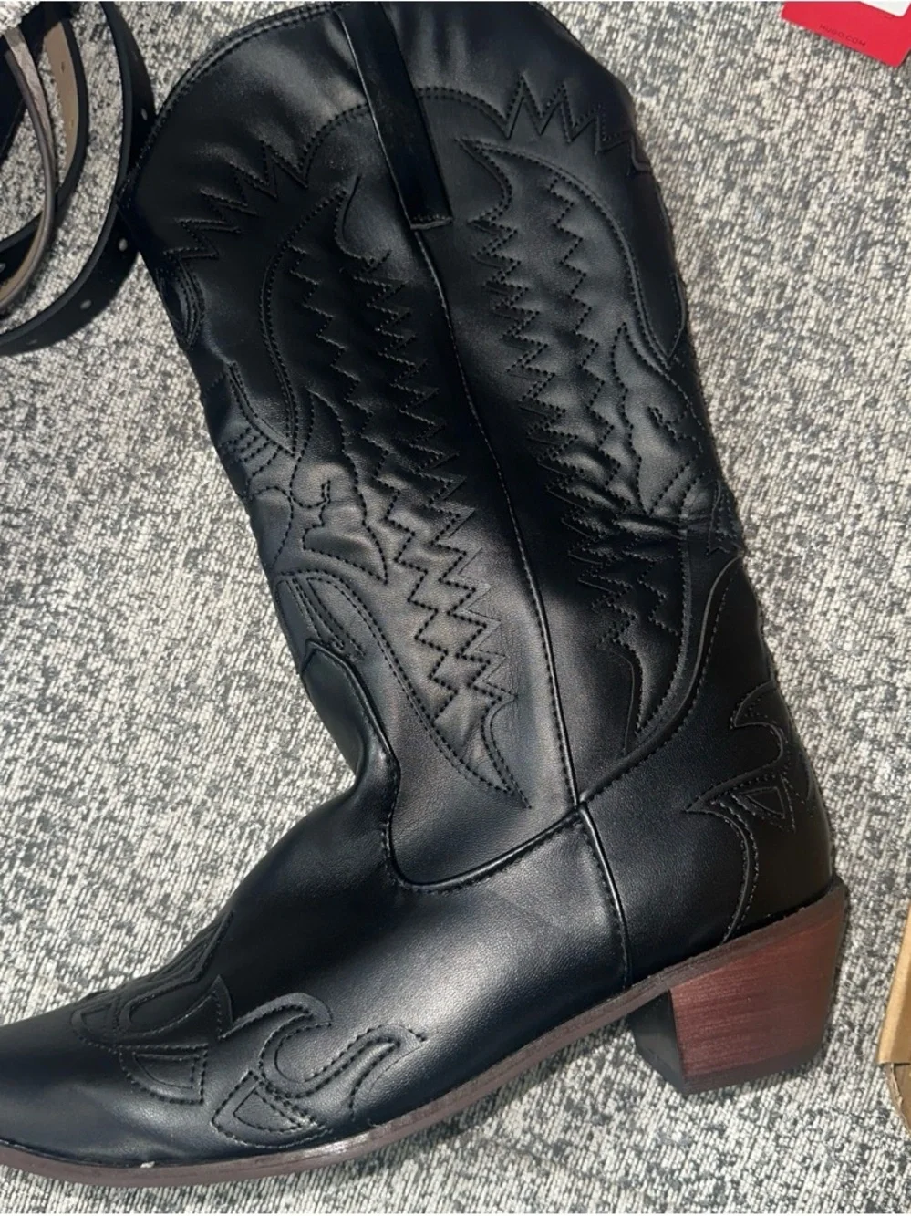 Black Western Stitch Leather Cowboy Boots